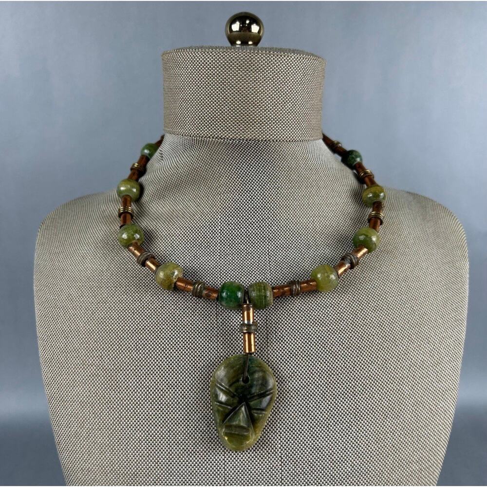 Vintage Copper & Carved Green Head Stone Chunky Bead Necklace‎ 14”